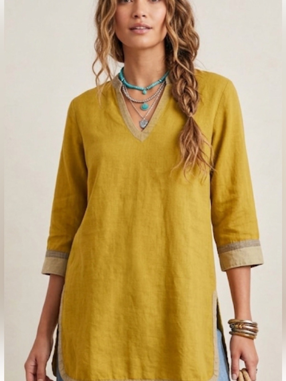 Anokhi Olive Green Corduroy Tunic Top Cotton Trim Relaxed Fit Sz S